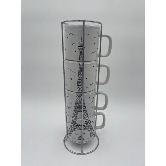 LetS Dine Eiffel Tower Stackable Mug Set Metal Rack Stoneware Microwave & Dishwa - Picture 5 of 5